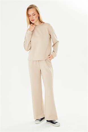 Kadın Modal Kumaş Rahat Kalıp Eşofman Takımı Bej 8509-B