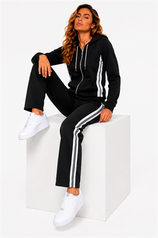 Kadın Pamuklu Kapüşonlu Şerit Detaylı Fermuarlı Eşofman Takımı Siyah-8525