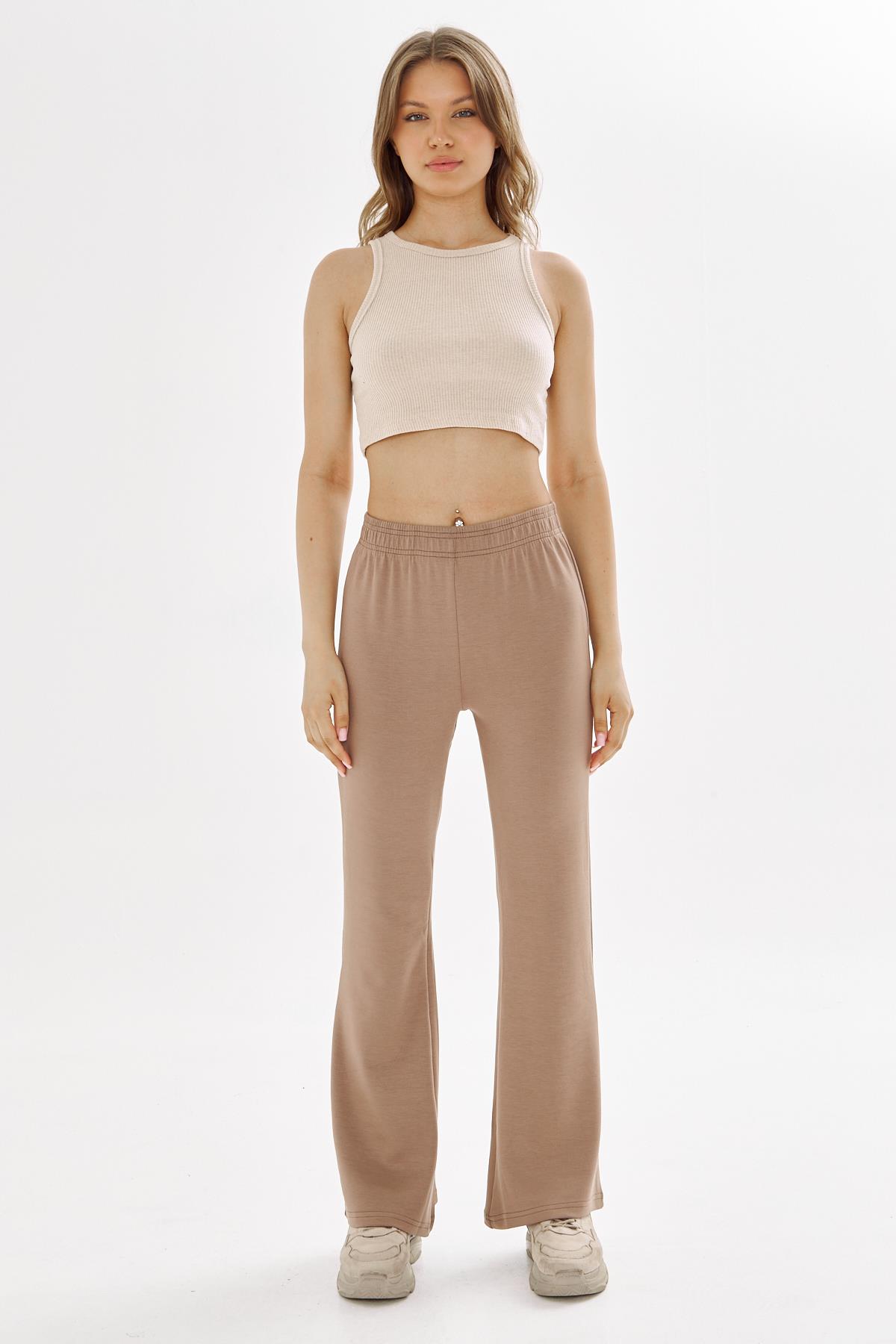 Kadın Modal Kumaş Yüksek Bel Geniş Paça Eşofman Altı Kahve 8102-K