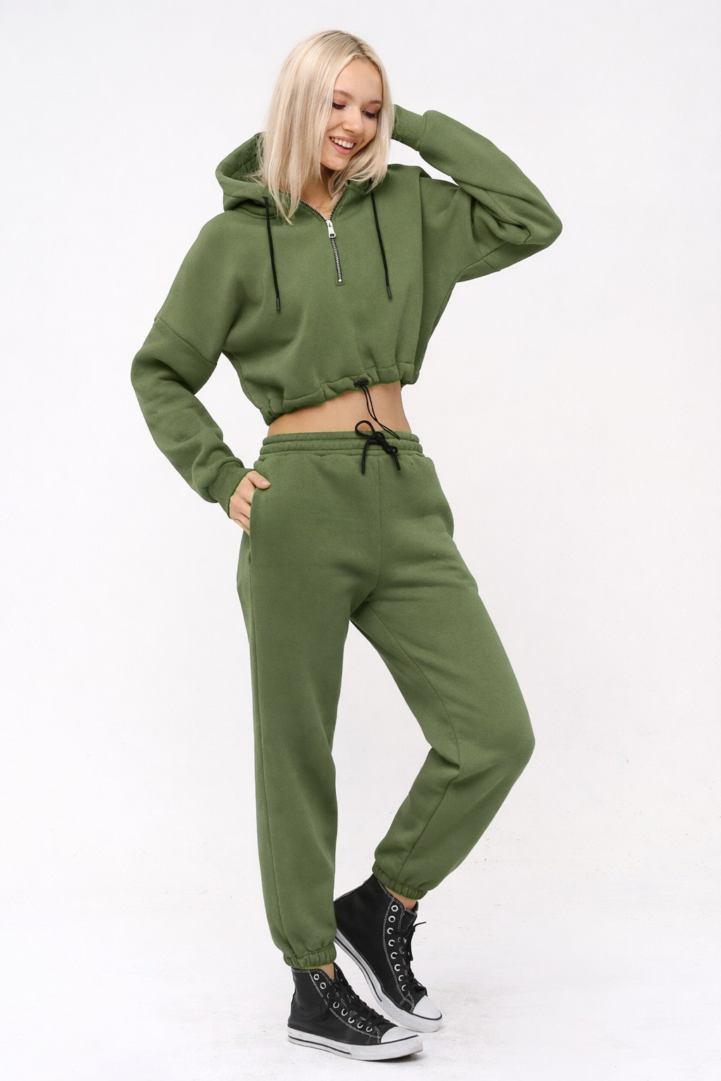 Yarım Fermuarlı Kapüşonlu Crop Sweatshirt 5502H