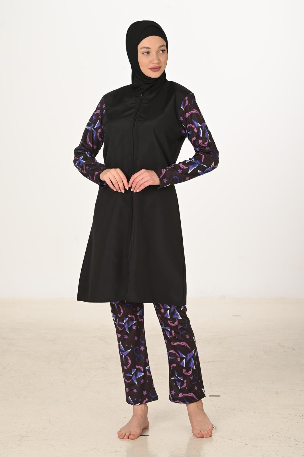 Tam Kapalı Desenli Paraşüt Kumaş Tesettür Mayo 3425