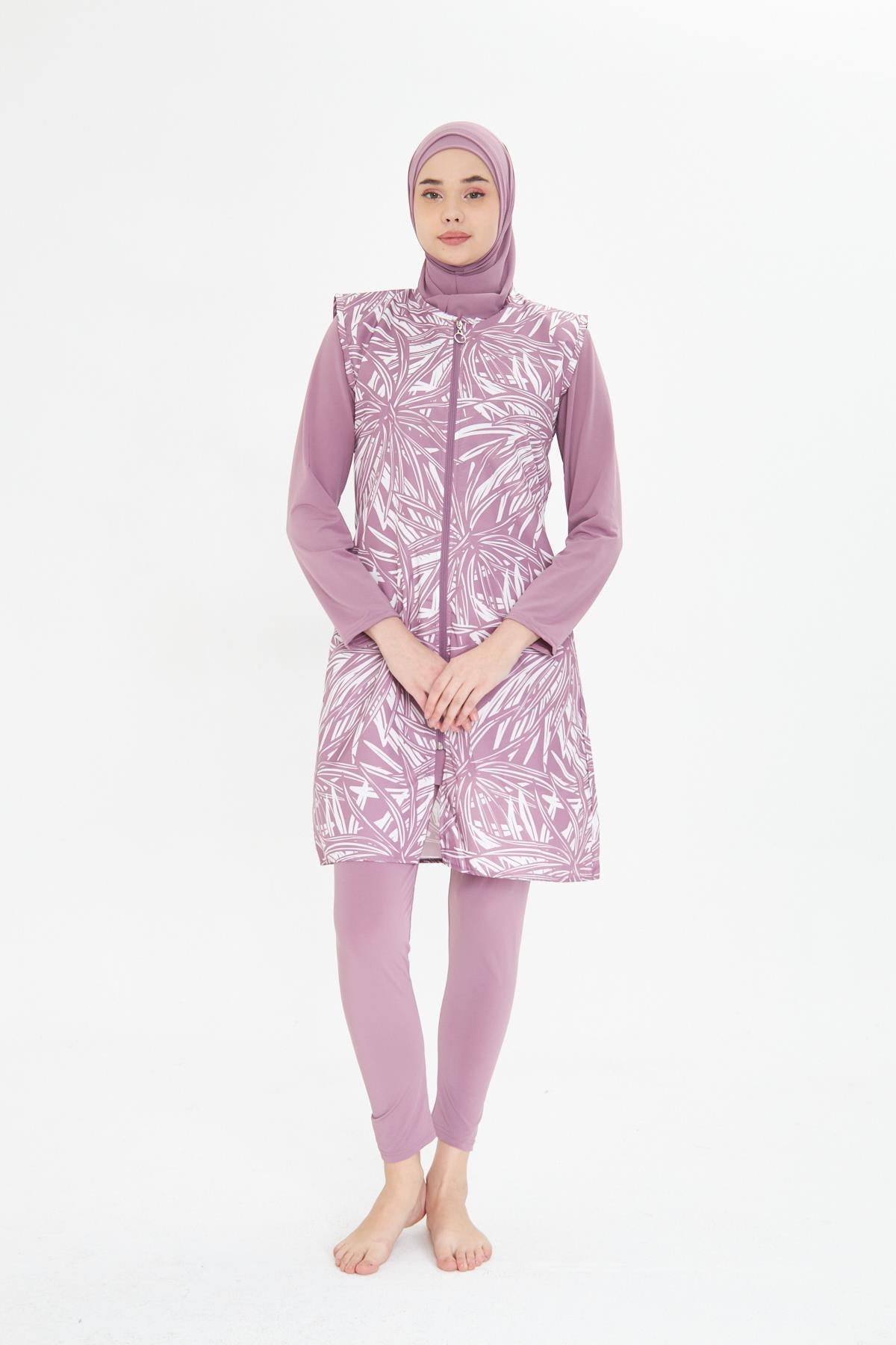 Tam Kapalı Yelekli Desenli Paraşüt Kumaş Tesettür Mayo Pembe 3475-P