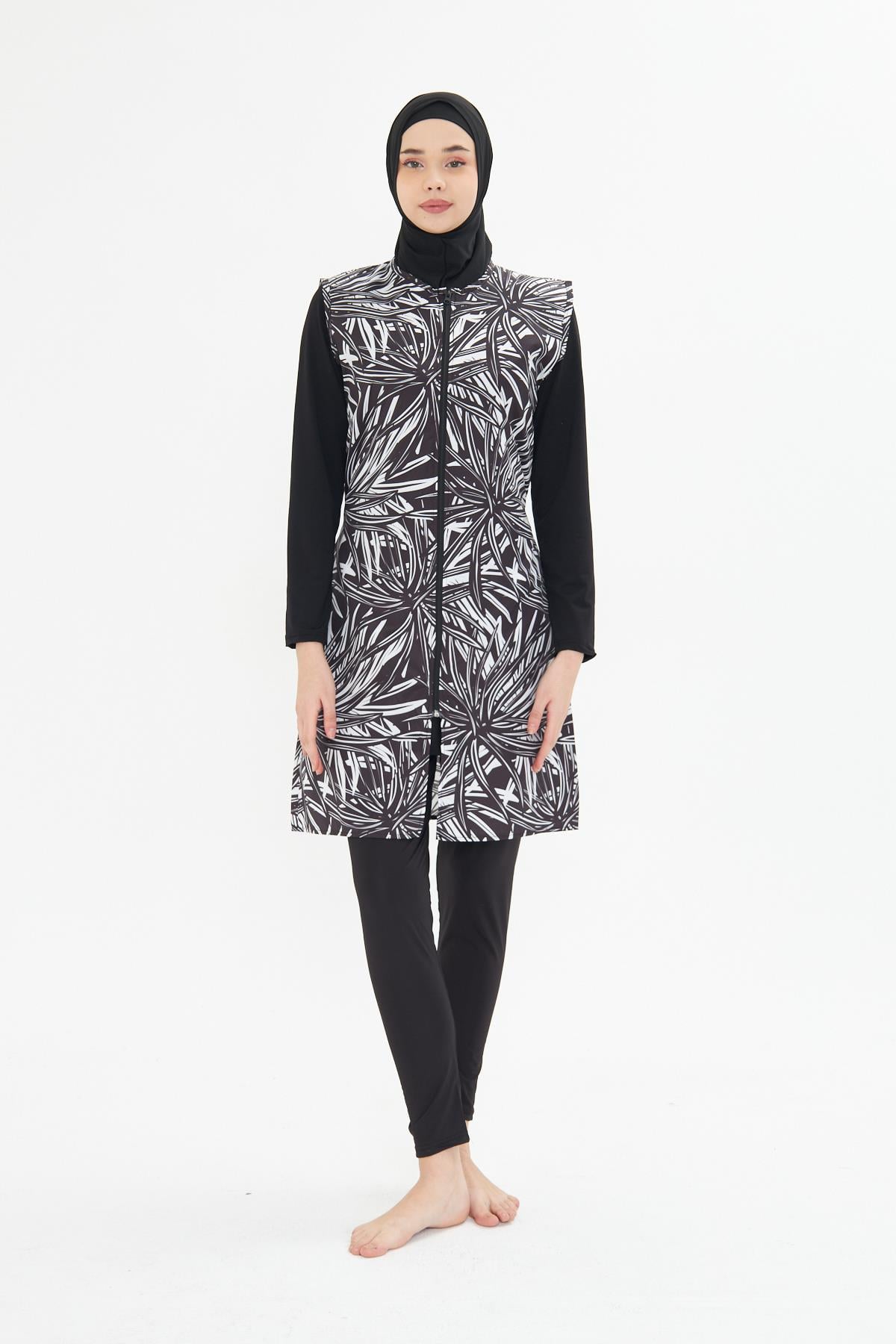 Tam Kapalı Yelekli Desenli Paraşüt Kumaş Tesettür Mayo Siyah 3475-S