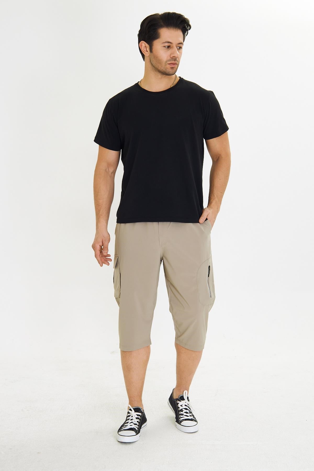 Erkek StretchFit Kargo Cepli Esnek Kapri Bej 6035-B