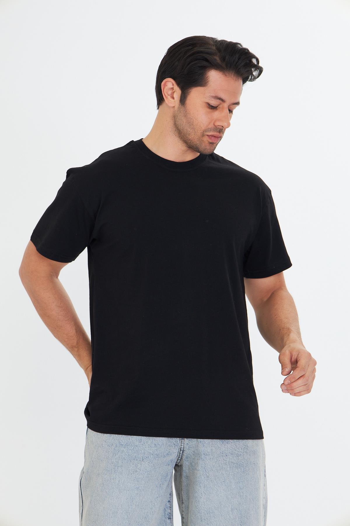 Erkek Pamuklu Bisiklet Yaka Oversize Tişört Siyah 5015-S