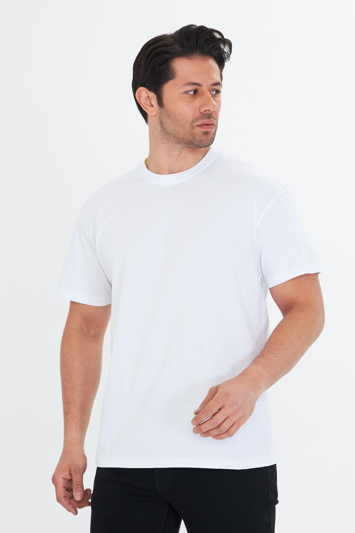 Erkek Pamuklu Bisiklet Yaka Oversize Tişört Beyaz 5015-B