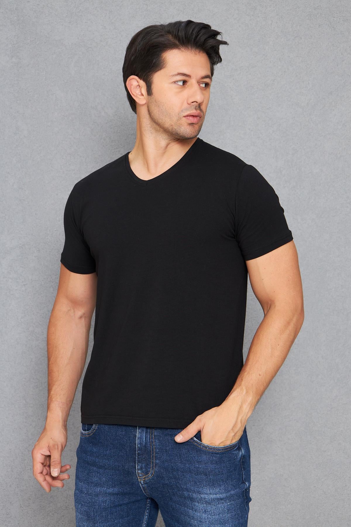 Erkek Pamuklu Slim Fit V Yaka Tişört Siyah 5016-S
