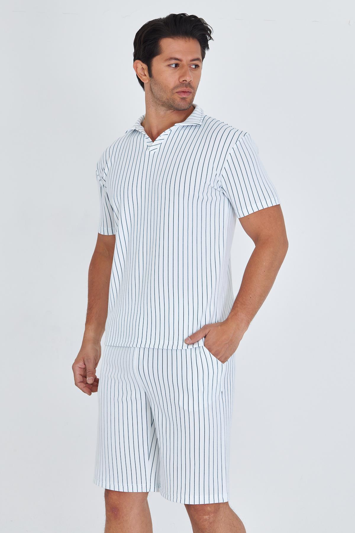 Erkek Yakalı Çizgili Polycotton T-shirt Şort İkili Takım Petrol 5733-P