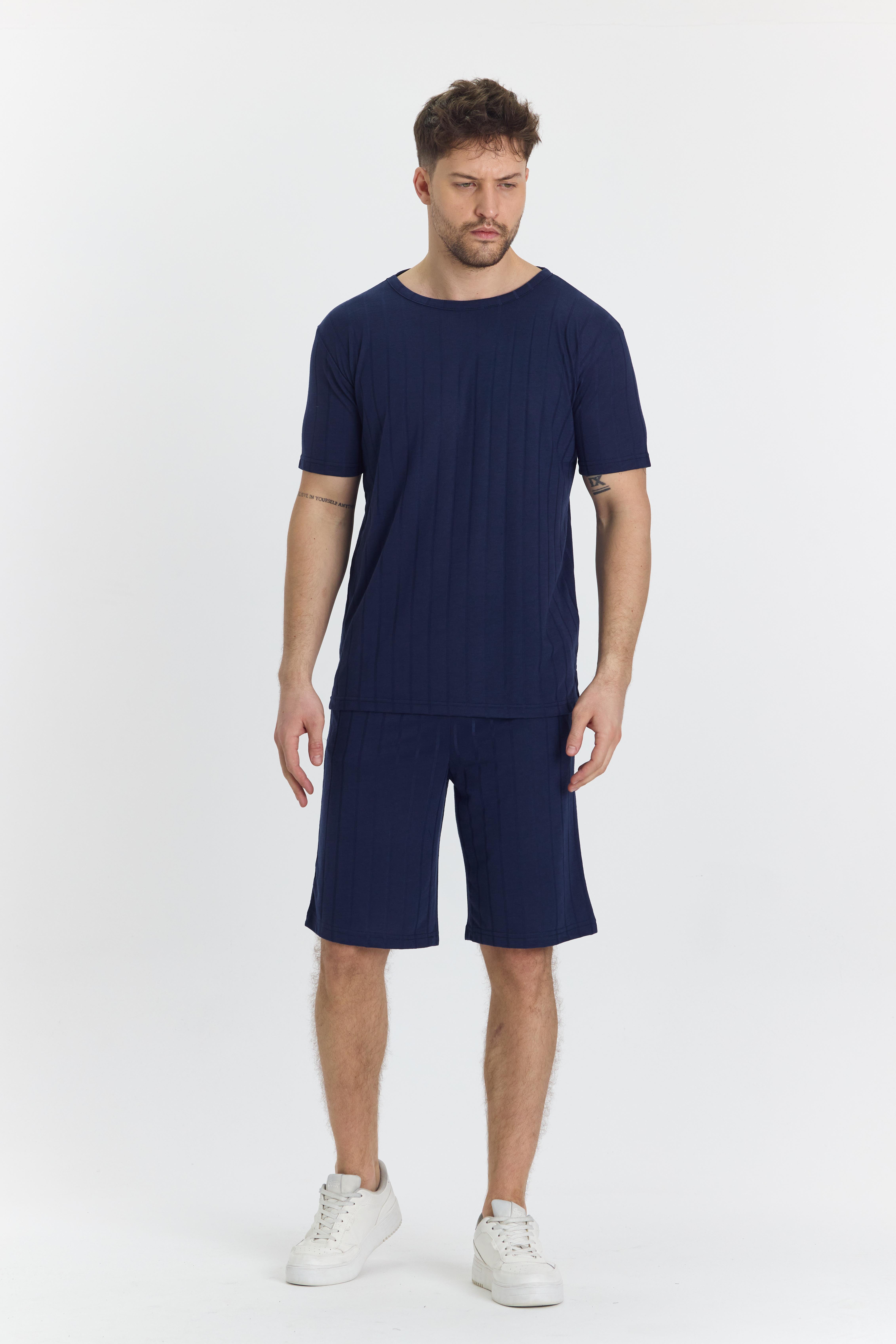 Erkek Çizgli Polycotton T-shirt Şort İkili Takım Lacivert 5734-L