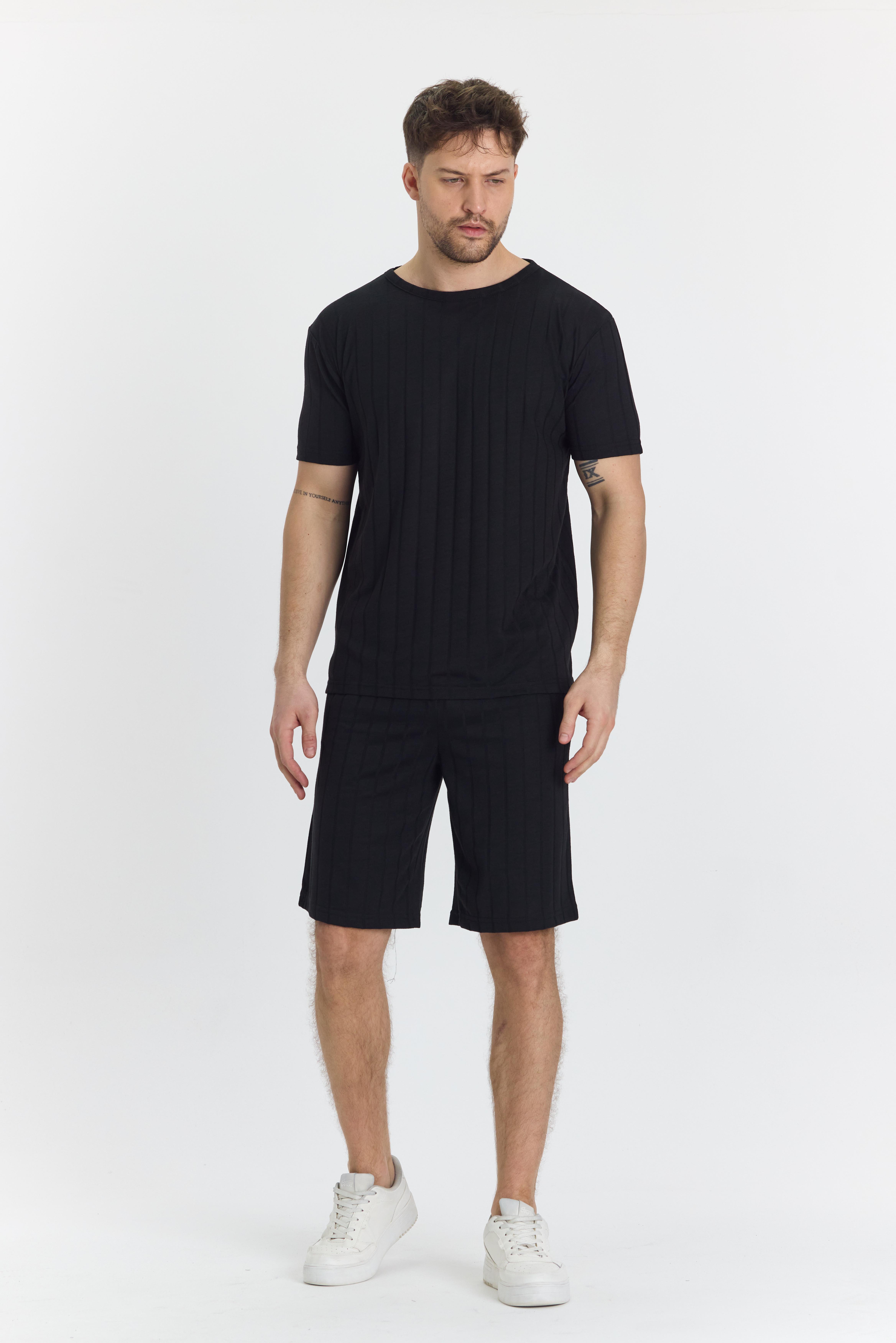 Erkek Çizgli Polycotton T-shirt Şort İkili Takım Siyah 5734-S