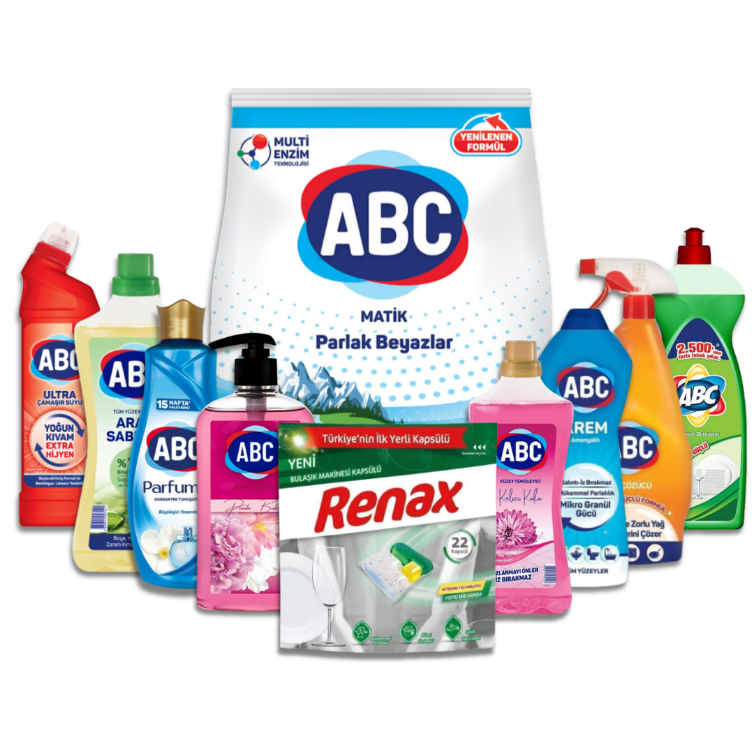 ABC Temizlik Paketi – Çamaşır Suyu, Arap Sabunu, Deterjan, Yağ Çözücü, Bulaşık Kapsülü