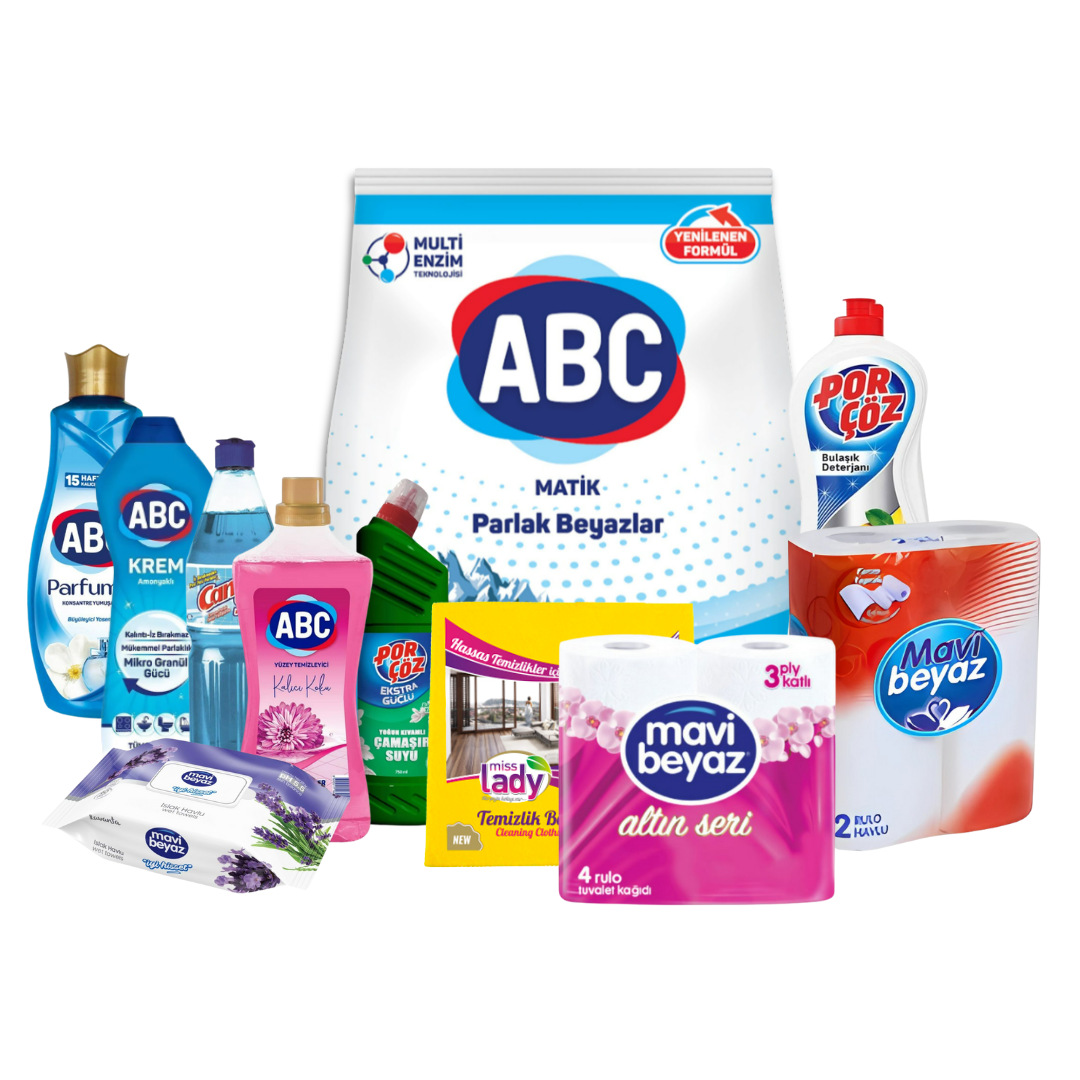 Kapsamlı Temizlik Paketi – Çamaşır Deterjan-Suyu-Yumuşatıcı, Yüzey Temizleyici, Bulaşık Deterjanı, Camsil, Tuvalet Kağıdı, Havlu, Islak Mendil, Temizlik Bezi