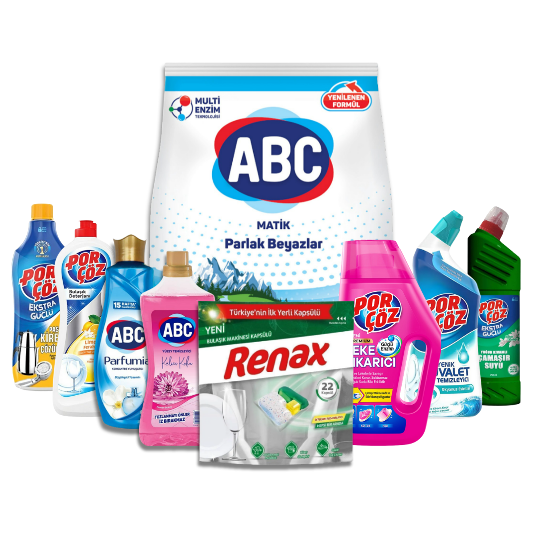 Çok Amaçlı Temizlik Seti – Çamaşır Deterjan-Suyu, Yumuşatıcı, Yüzey Temizleyici, Tuvalet Temizleyici, Leke-Kireç Sökücü, Bulaşık Deterjan-Kapsül