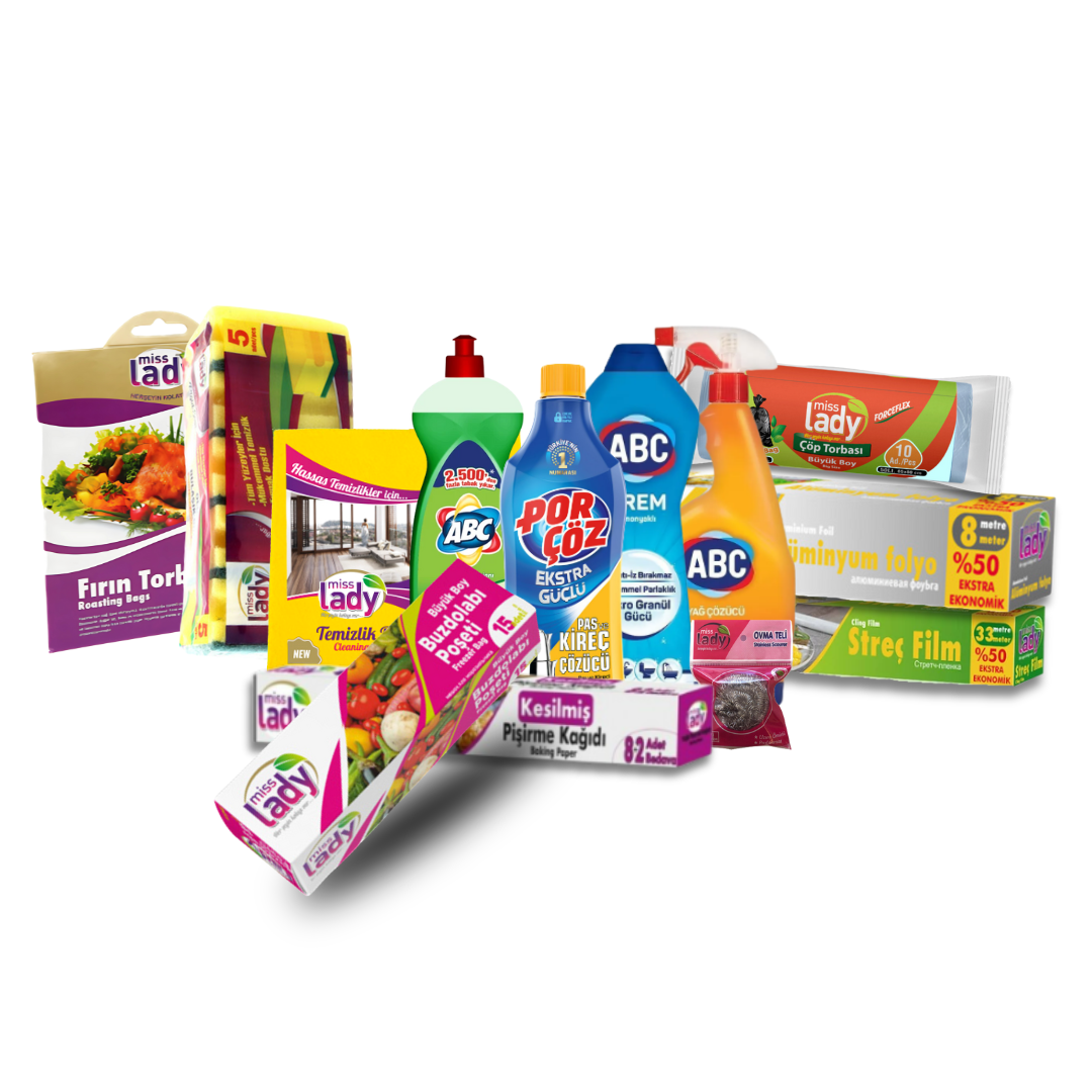 Miss Lady Mutfak Temizlik Seti – Streç Film, Buzdolabı Poşeti, Yağlı Kağıt, Temizlik Bezi, Sünger, Deterjan ve Temizlik Ürünleri