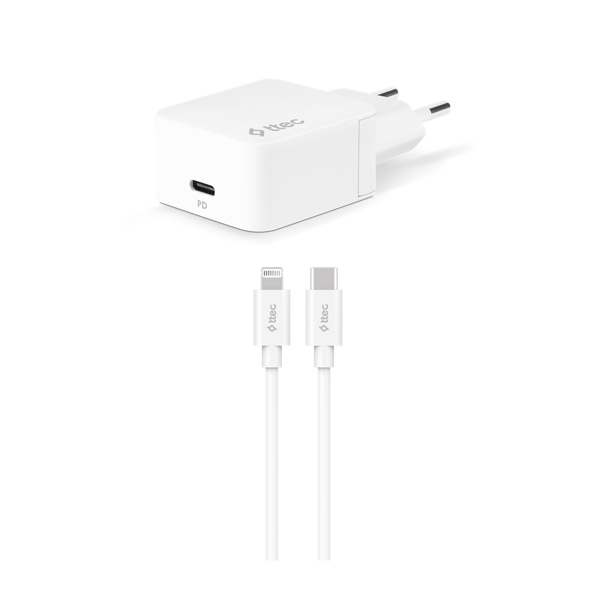 TTEC 2SCM07B Quantum PD Apple MFi Lisanslı 20W Seyahat Şarj Aleti +  Type-C/Lightning Kablo Beyaz