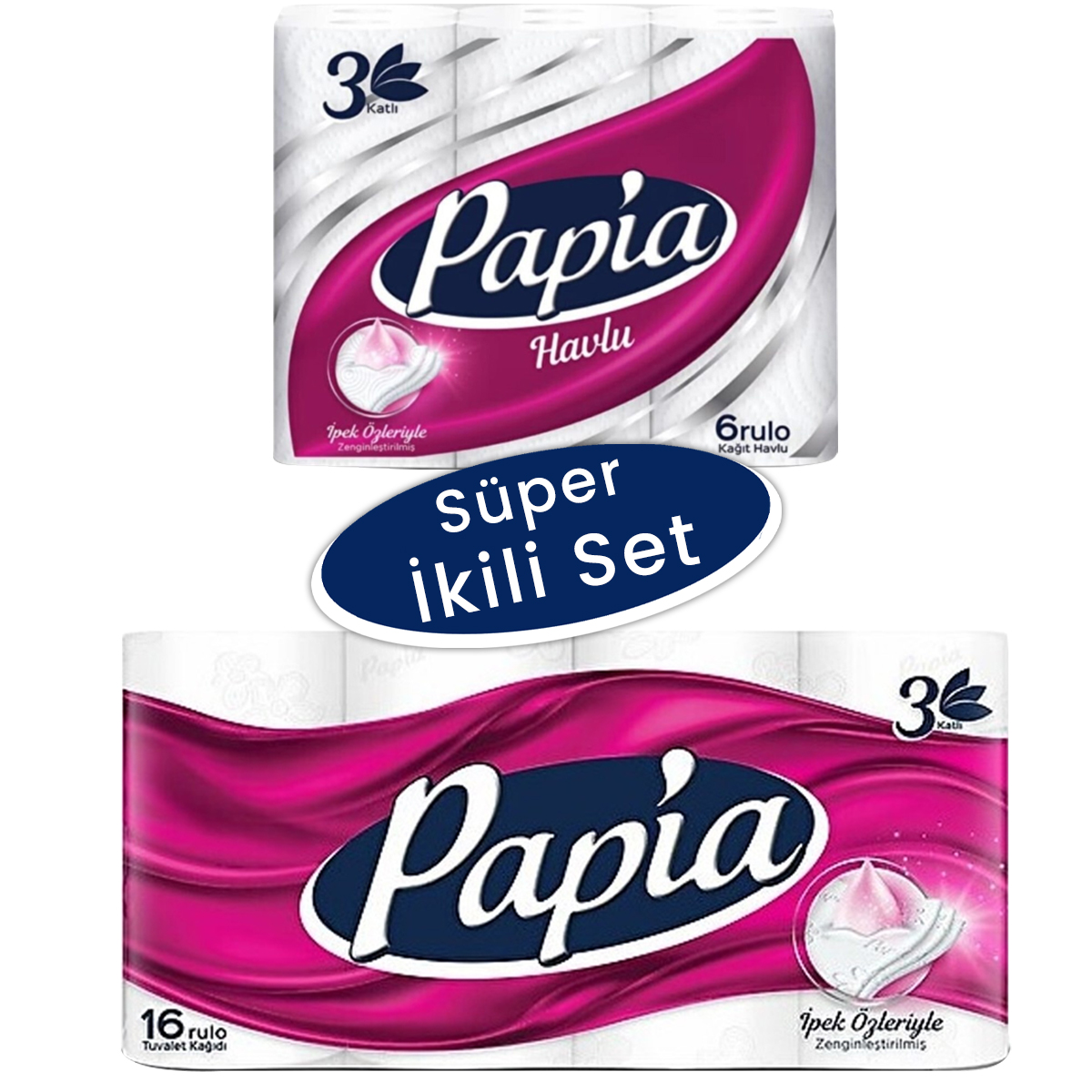 Papia İpeksi Kağıt Havlu 3 Katlı 6lı & Tuvalet Kağıdı 3 Katlı 16lı 2 li Set