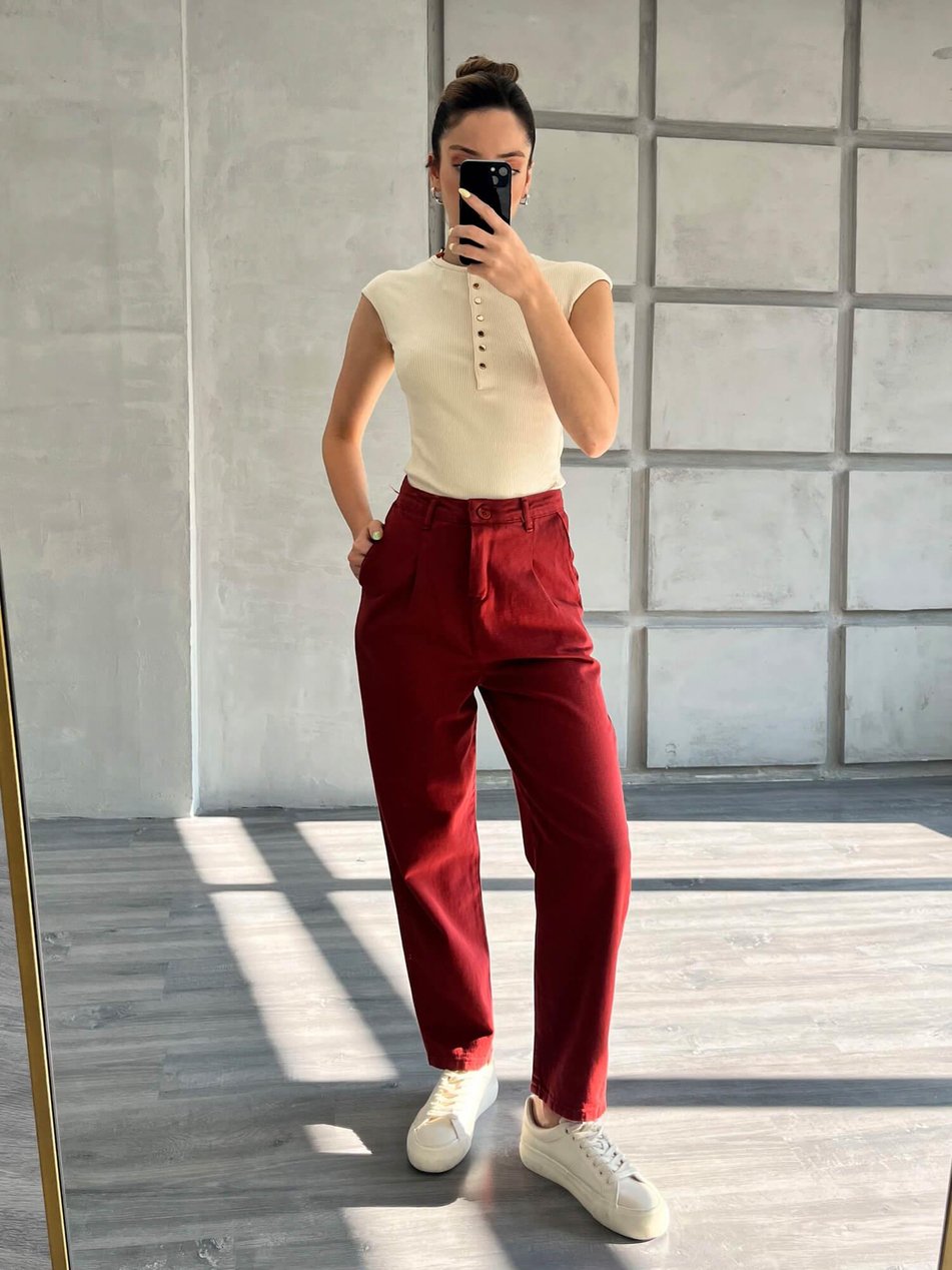 Coral Bordo Pileli Gabardin Havuç Pantolon