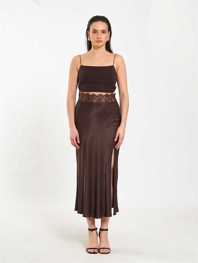 041181 Beli Dantel Detaylı Yırtmaçlı Etek Kahve