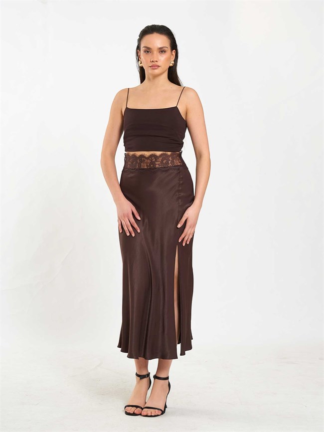 041181 Beli Dantel Detaylı Yırtmaçlı Etek Kahve