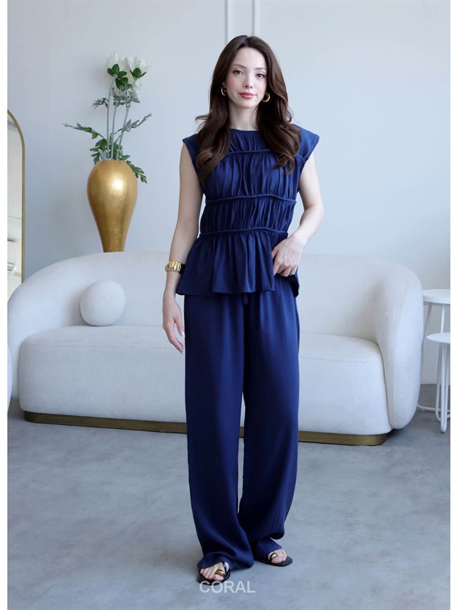 0483 Gipeli Kolsuz Bluz Pantolon Takım Lacivert