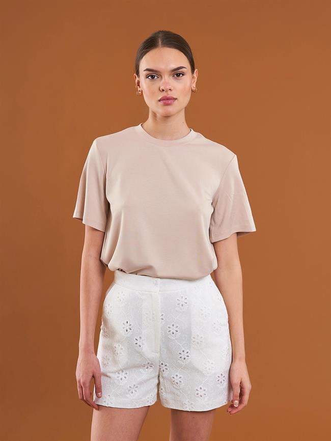 050733 Bisiklet Yaka Oversize Tişört Bej