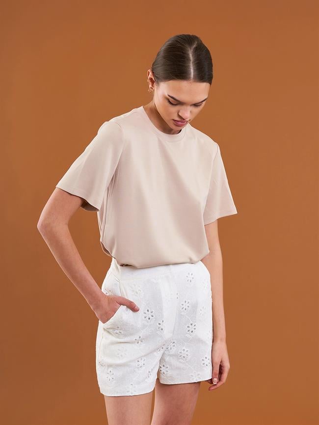 050733 Bisiklet Yaka Oversize Tişört Bej