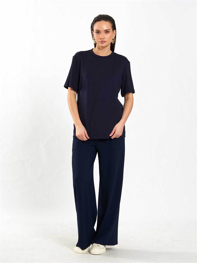 050733 Bisiklet Yaka Oversize Tişört Lacivert