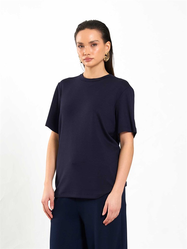 050733 Bisiklet Yaka Oversize Tişört Lacivert