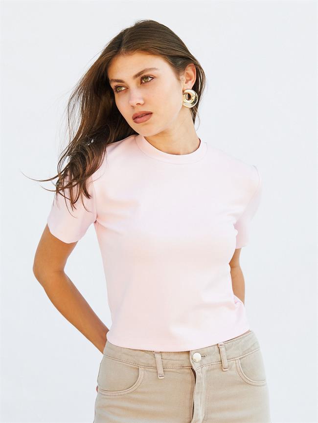 050734 Bisiklet Yaka Kısa Tişört Pembe