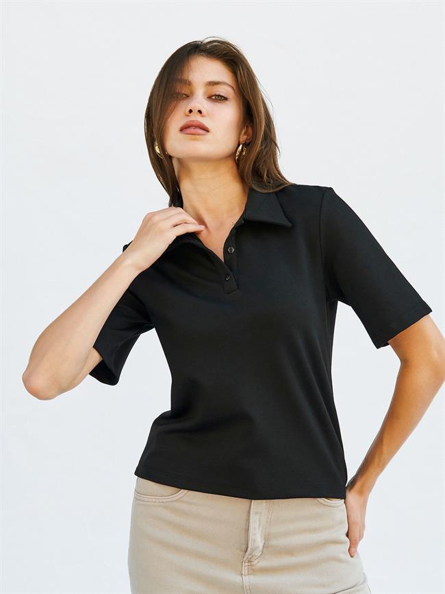 071824 Vatkalı Polo Yaka Bluz Siyah
