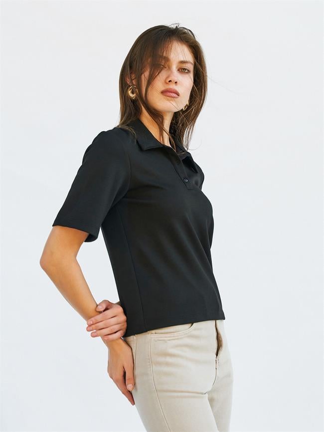 071824 Vatkalı Polo Yaka Bluz Siyah