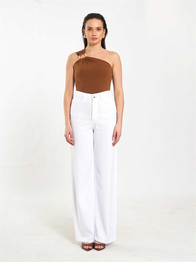071897 Tokalı Tek Omuz BodySuit Açık Kahve
