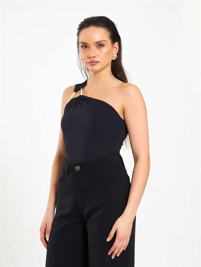 071897 Tokalı Tek Omuz BodySuit Siyah