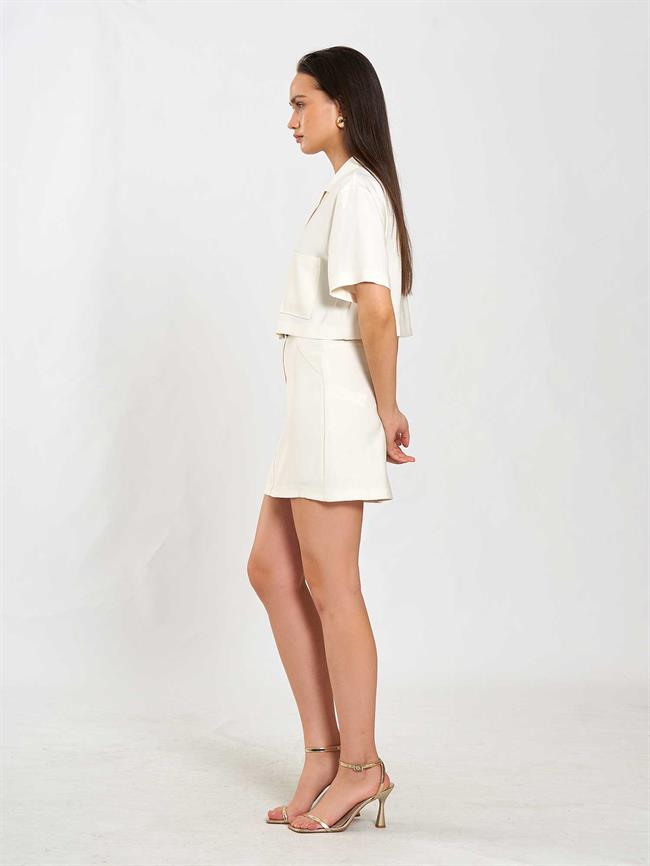 080801 Kısa Kollu Crop Cepli Gömlek Krem