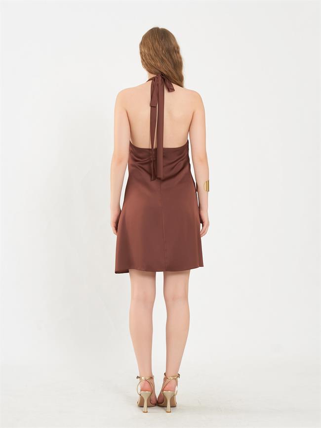 111644 Önü Tokalı Mini Elbise Kahve