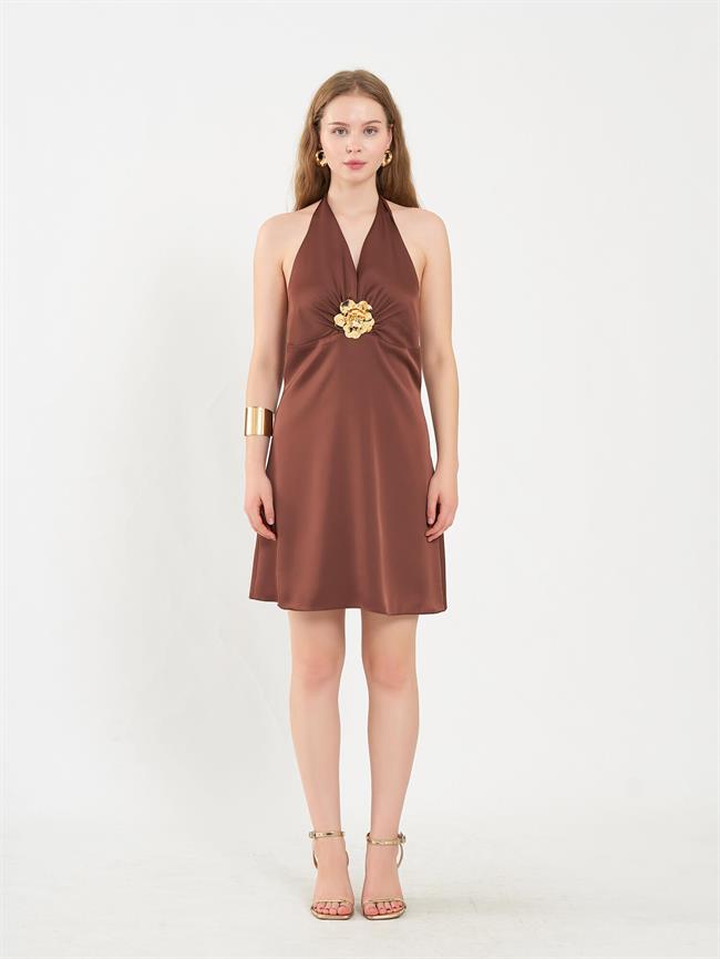 111644 Önü Tokalı Mini Elbise Kahve