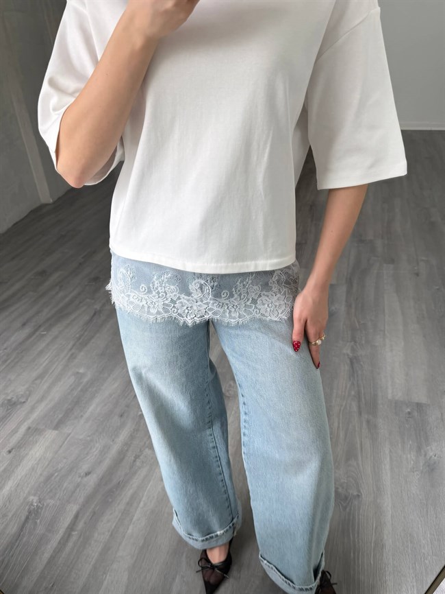 11690 Eteği Dantelli Midi Kol Tişört Beyaz