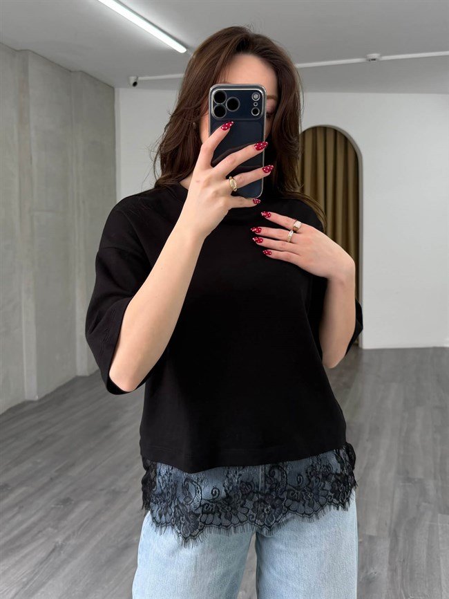 11690 Eteği Dantelli Midi Kol Tişört Siyah