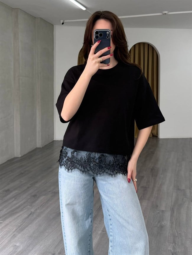 11690 Eteği Dantelli Midi Kol Tişört Siyah