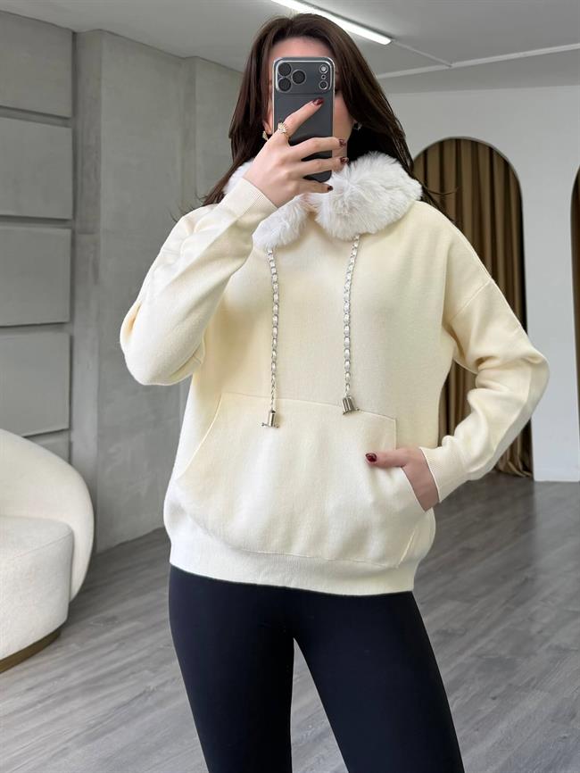 140214 Kürklü Kapüşonlu Triko Sweatshirt Krem