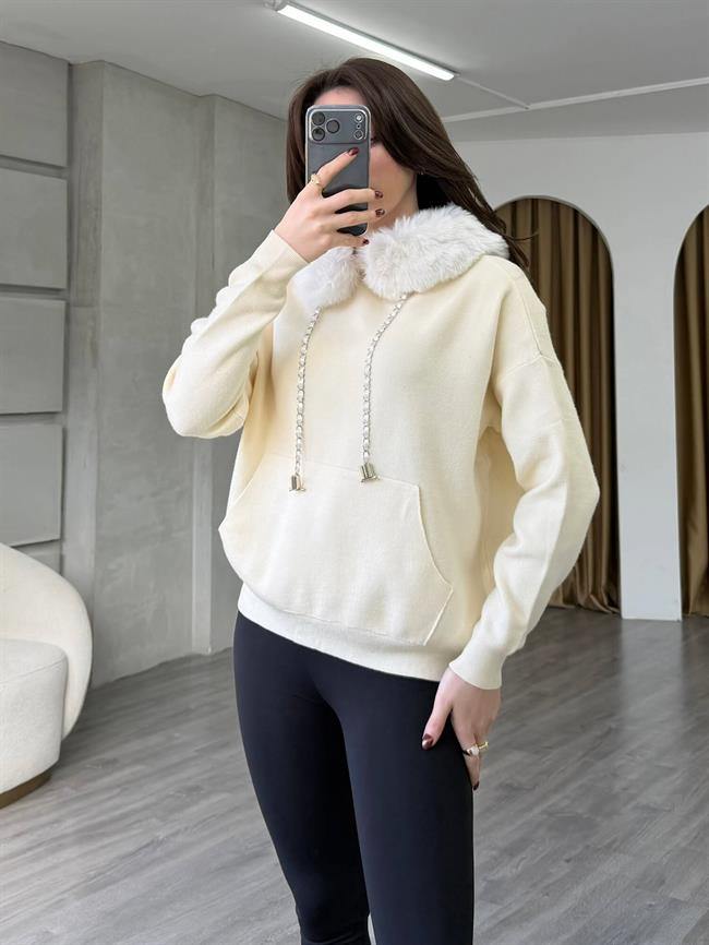 140214 Kürklü Kapüşonlu Triko Sweatshirt Krem