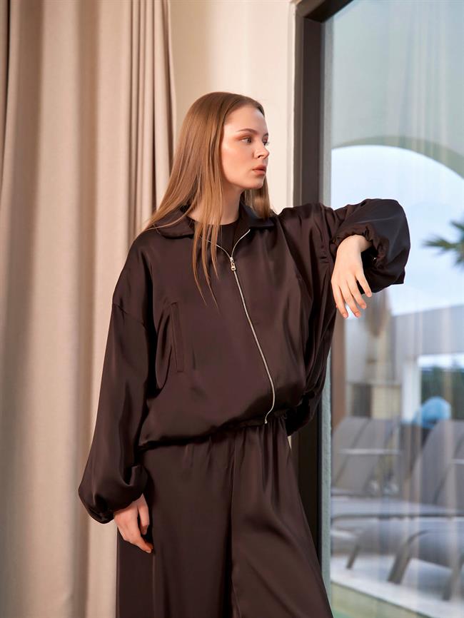 160891 Saten Bomber Ceket Kahve