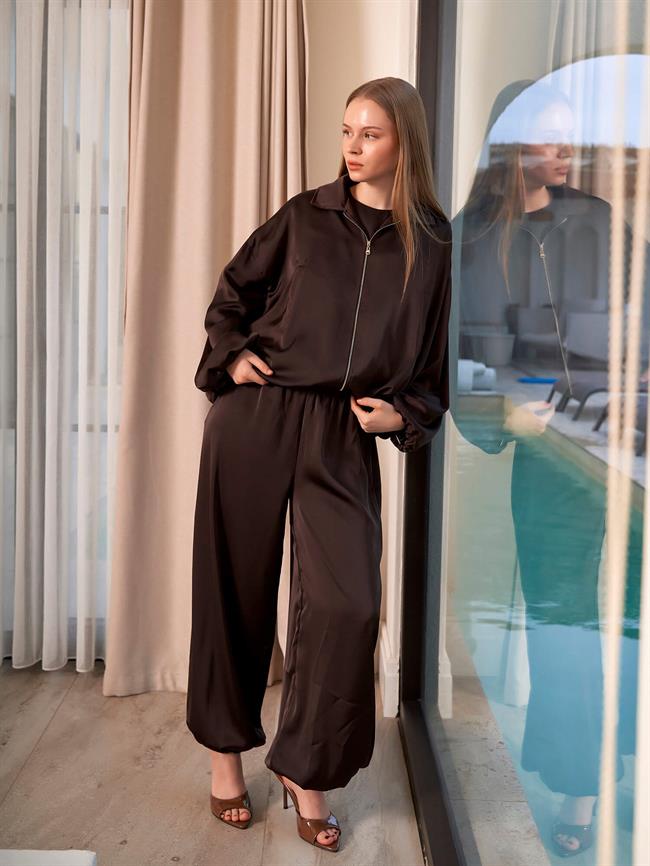 160891 Saten Bomber Ceket Kahve