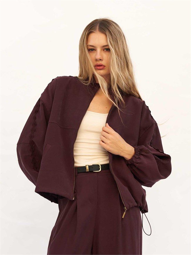 160976 Dantel Şeritli Bomber Ceket Bordo