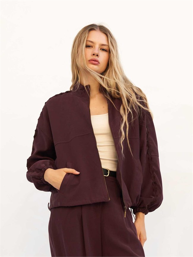 160976 Dantel Şeritli Bomber Ceket Bordo