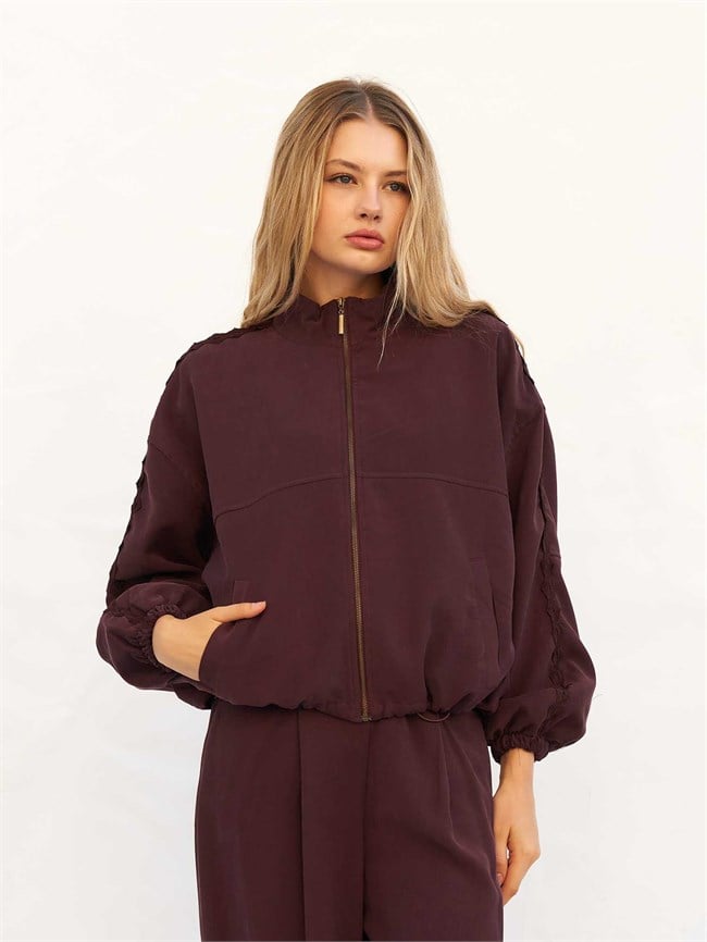 160976 Dantel Şeritli Bomber Ceket Bordo