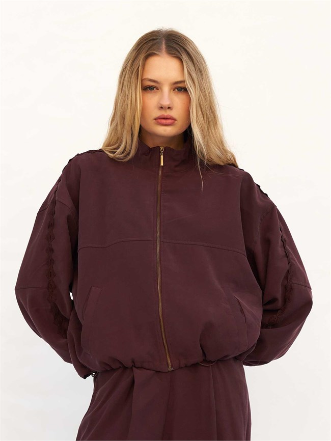 160976 Dantel Şeritli Bomber Ceket Bordo