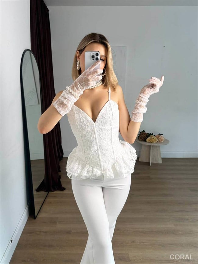 20204 Askılı Dantelli Büstiyer Beyaz