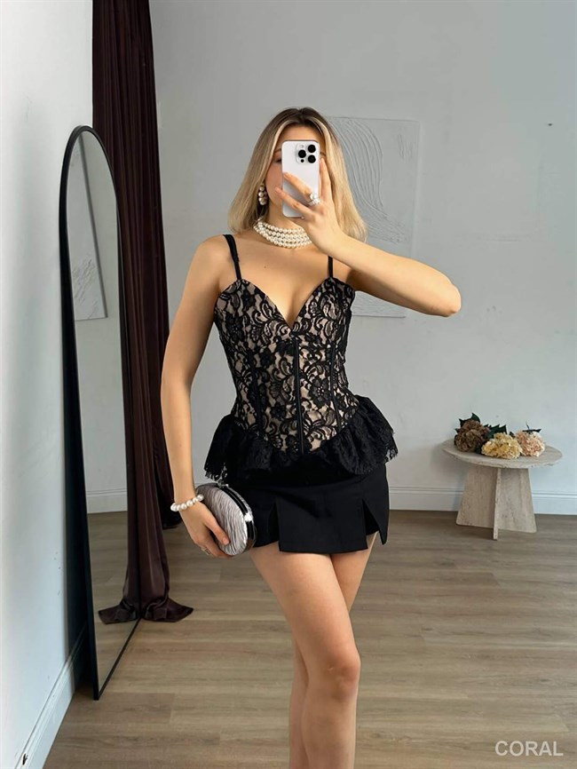 20204 Askılı Dantelli Büstiyer Siyah