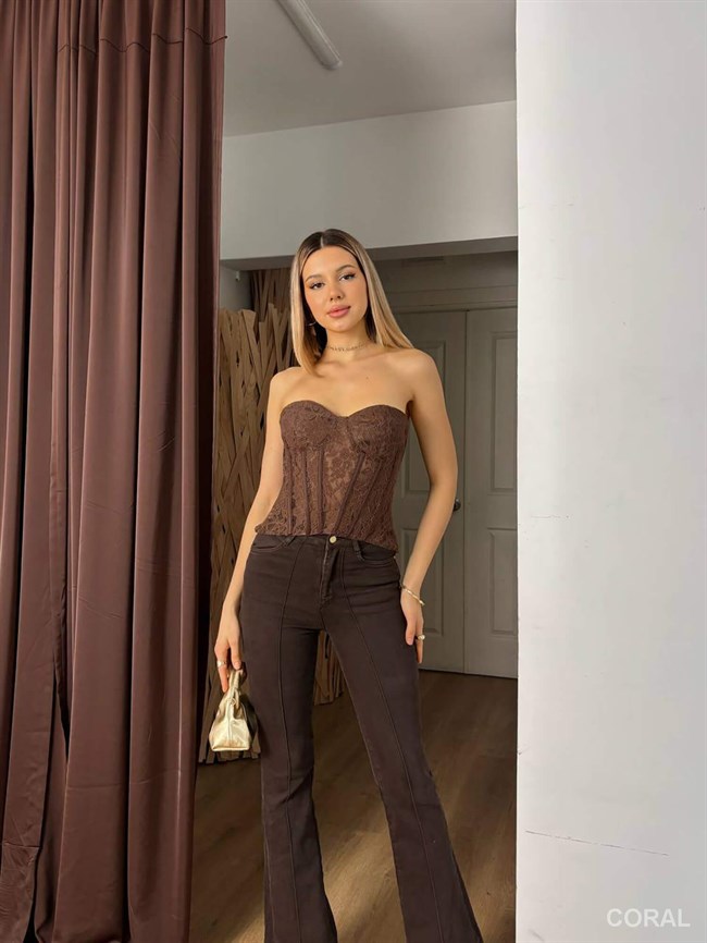 20276 Tül Dantelli Straplez Büstiyer Kahve